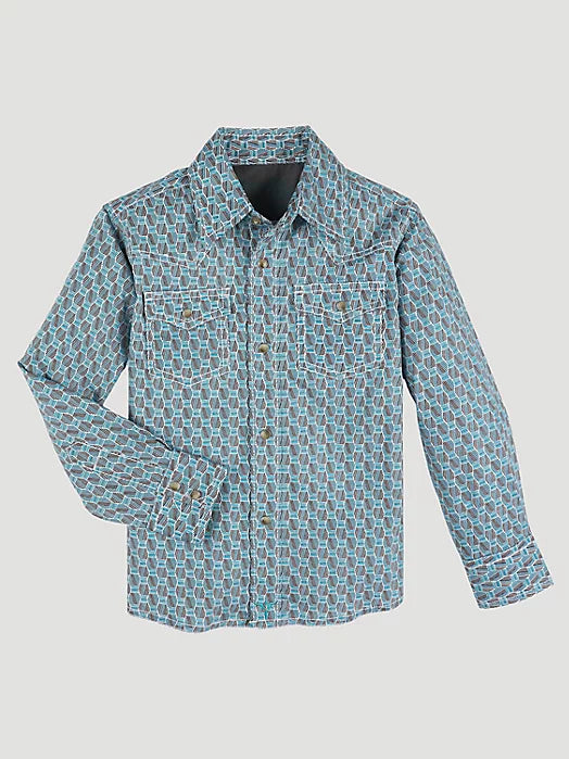 WRANGLER BOY'S 20X ADVANCED COMFORT TEAL HATCH SNAP SHIRT