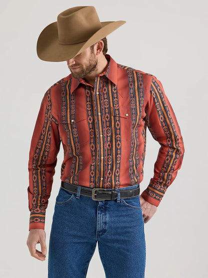 Wrangler Checotah Rusty Orange Long Sleeve Western Snap Printed Shirt