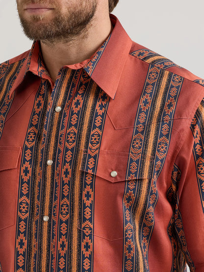 Wrangler Checotah Rusty Orange Long Sleeve Western Snap Printed Shirt