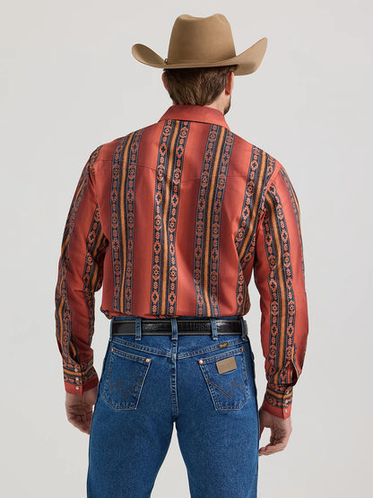 Wrangler Checotah Rusty Orange Long Sleeve Western Snap Printed Shirt