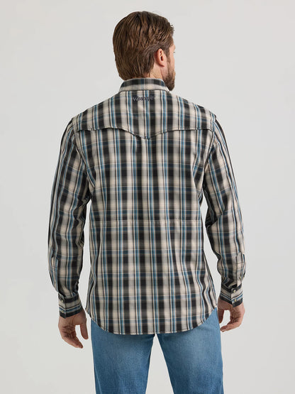 Wrangler Performance Snap Long Sleeve Tan/Black Plaid Shirt