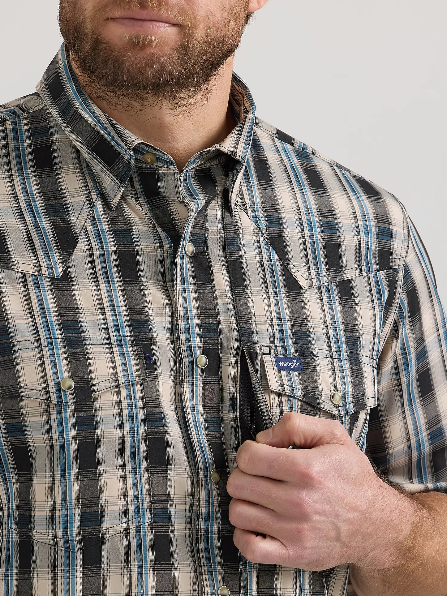 Wrangler Performance Snap Long Sleeve Tan/Black Plaid Shirt