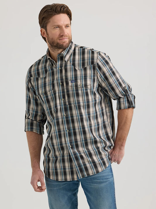 Wrangler Performance Snap Long Sleeve Tan/Black Plaid Shirt