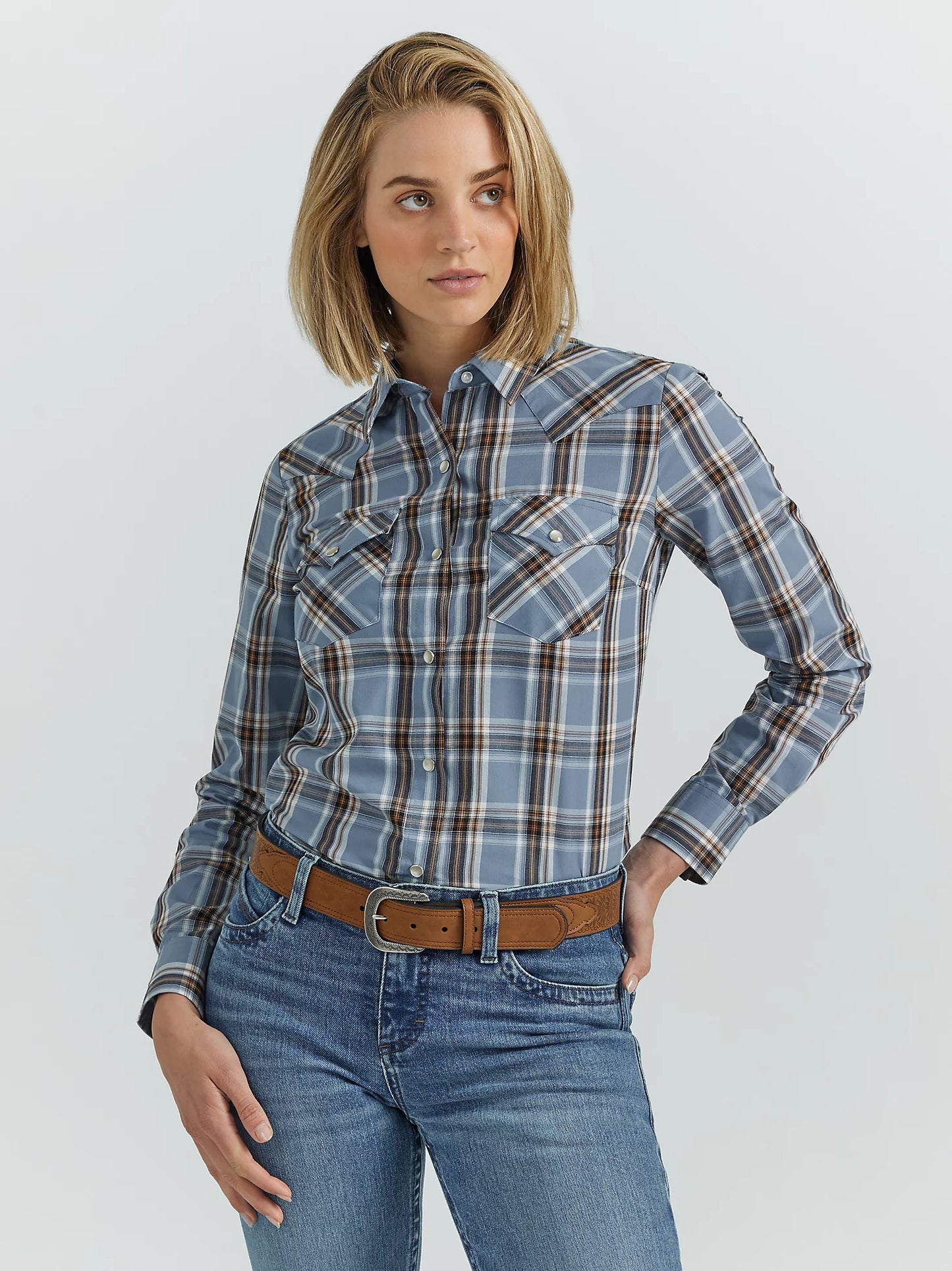 Wrangler Ocean Essential Long Sleeve Plaid Western Snap Top