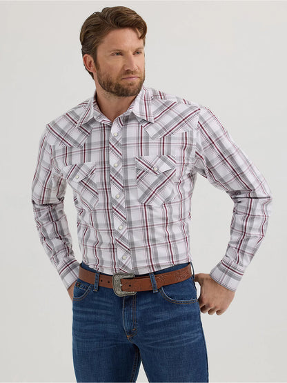 Wrangler 20X Competition Advanced Comfort Grey Plum Plaid Long Sleeve Snap Shirt