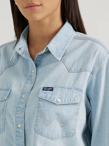 Wrangler Cut-Off Denim Boyfriend Light Wash Snap Shirt