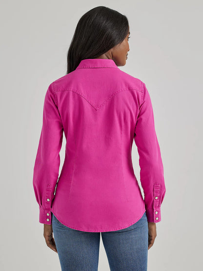 Wrangler Retro Bold Pink Long Sleeve Solid Western Snap Shirt