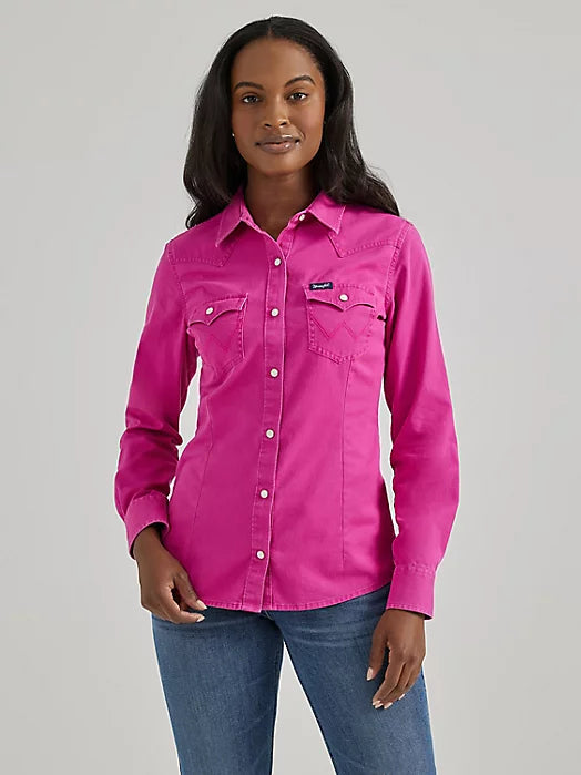 Wrangler Retro Bold Pink Long Sleeve Solid Western Snap Shirt