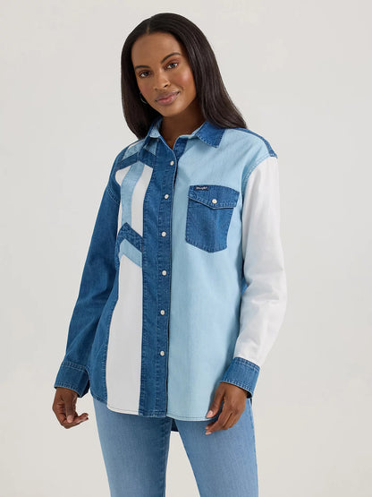 Wrangler Pieced Boyfriend Denim Western Snap Shirt