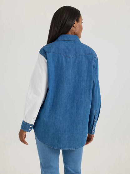 Wrangler Pieced Boyfriend Denim Western Snap Shirt