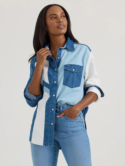 Wrangler Pieced Boyfriend Denim Western Snap Shirt