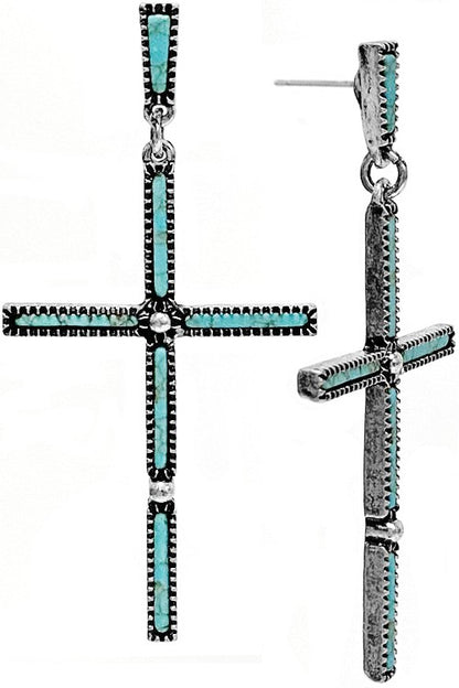 WESTERN CONCHO TEXTURED CROSS GEMSTONE EARRING SE1875