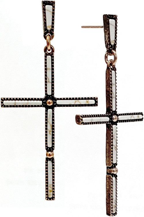 WESTERN CONCHO TEXTURED CROSS GEMSTONE EARRING SE1875