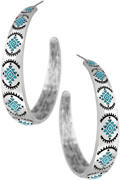 WESTERN ENAMEL COLORED AZTEC TEXTURED HOOP EARRING