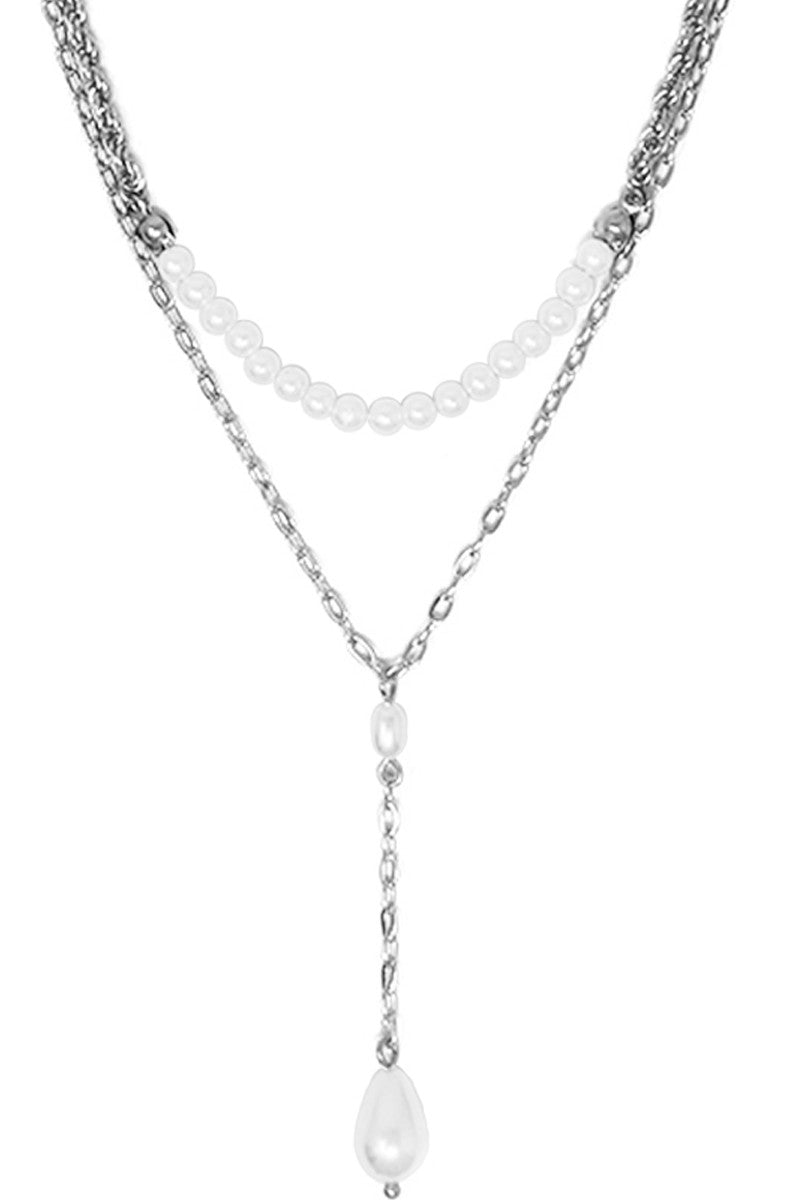 DOUBLE LAYERED PEARL LARIAT CHAIN NECKLACE SET