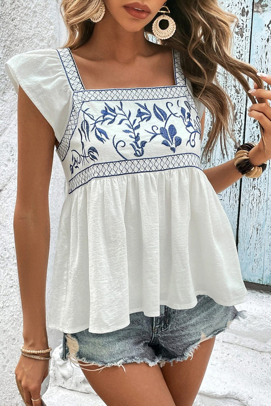 Embroidered Bust Square Neck Peplum Blouse