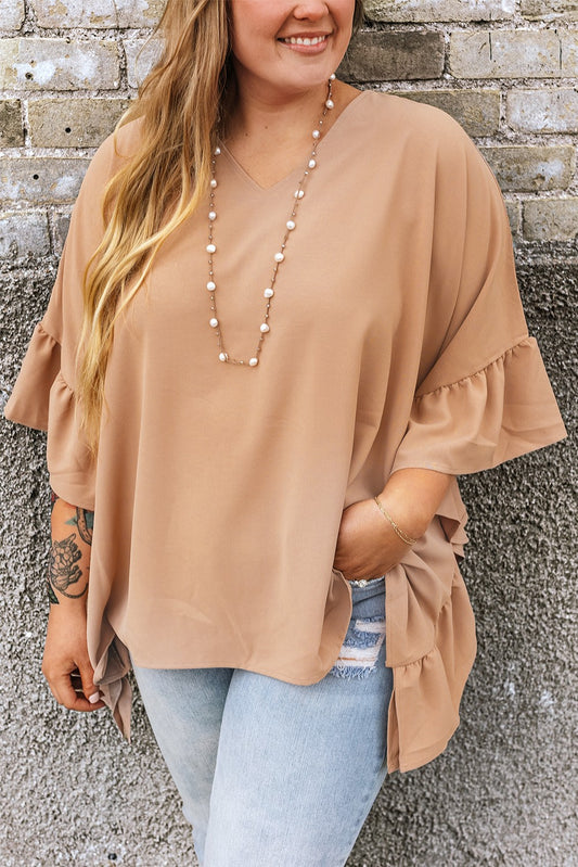 Khaki Ruffled Batwing Sleeve V Neck Plus Size Blouse