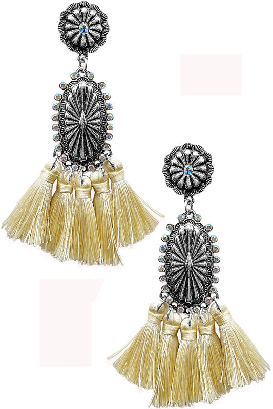 WESTERN AB CONCHO FLOWER THREAD TASSEL EARRING