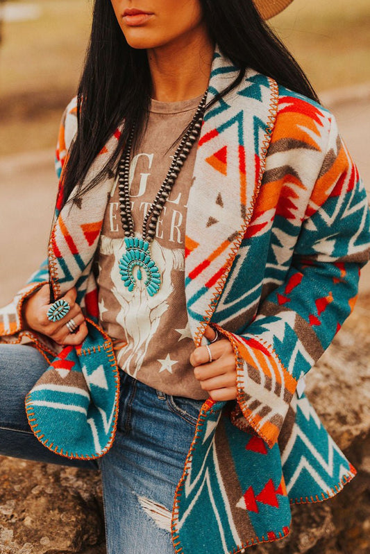 Sky Blue Aztec Printed Lapel Bell Sleeve Jacket