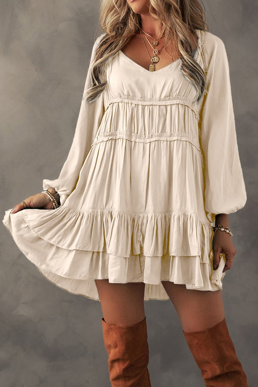 Tiered Ruffled Puff Sleeve Apricot Loose Fit Mini Dress