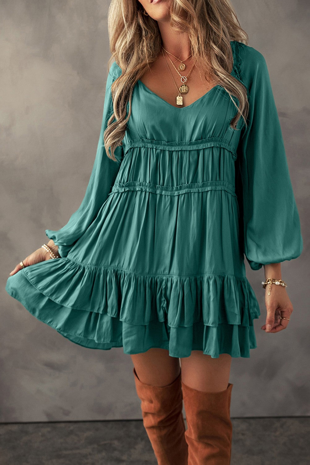 Tiered Ruffled Puff Sleeve Green Mist Loose Fit Mini Dress