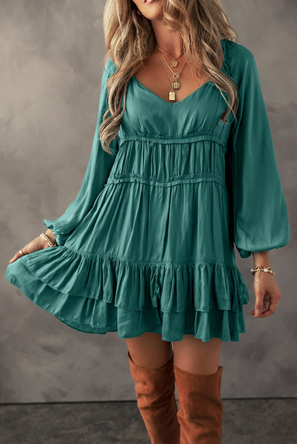 Tiered Ruffled Puff Sleeve Green Mist Loose Fit Mini Dress