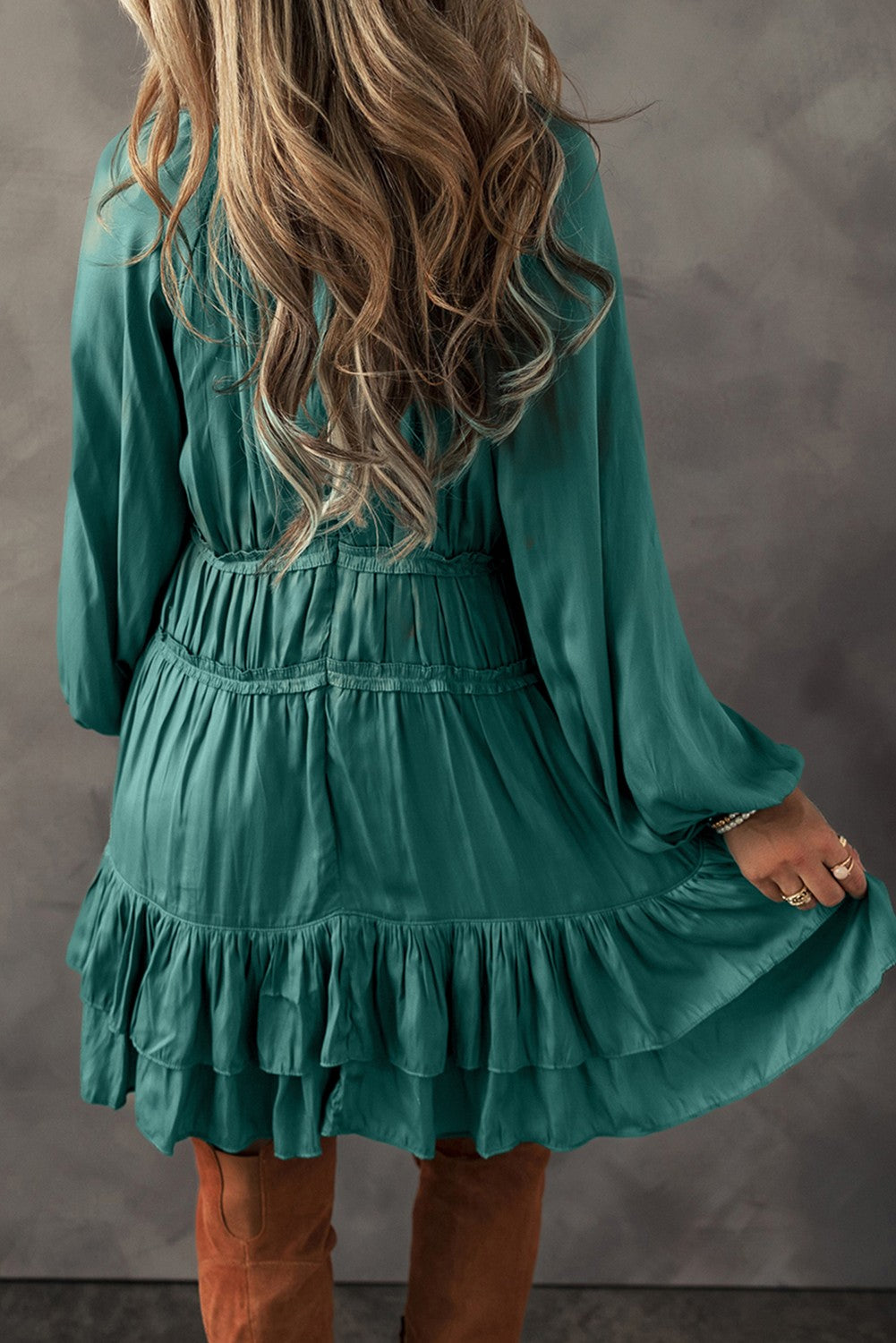 Tiered Ruffled Puff Sleeve Green Mist Loose Fit Mini Dress