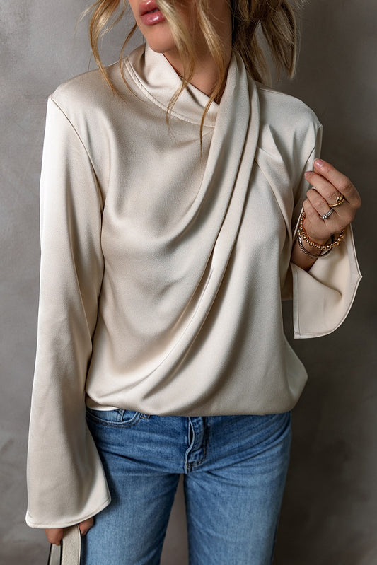 Satin Pleated Twisted Long Sleeve Top