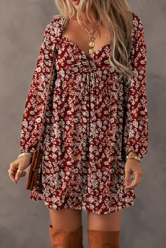 Floral Sweetheart Neck Shirred Back Mini Dress