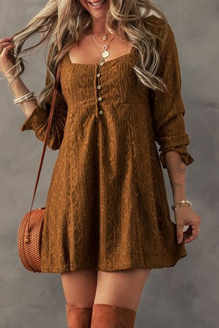 Lace Crochet Buttoned Square Neck Shift Mini Dress