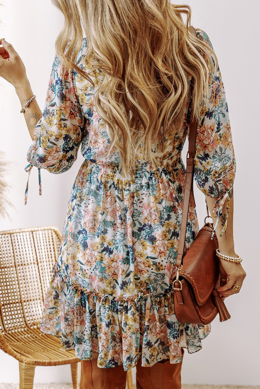 Floral V Neck High Waist Ruffled Dress