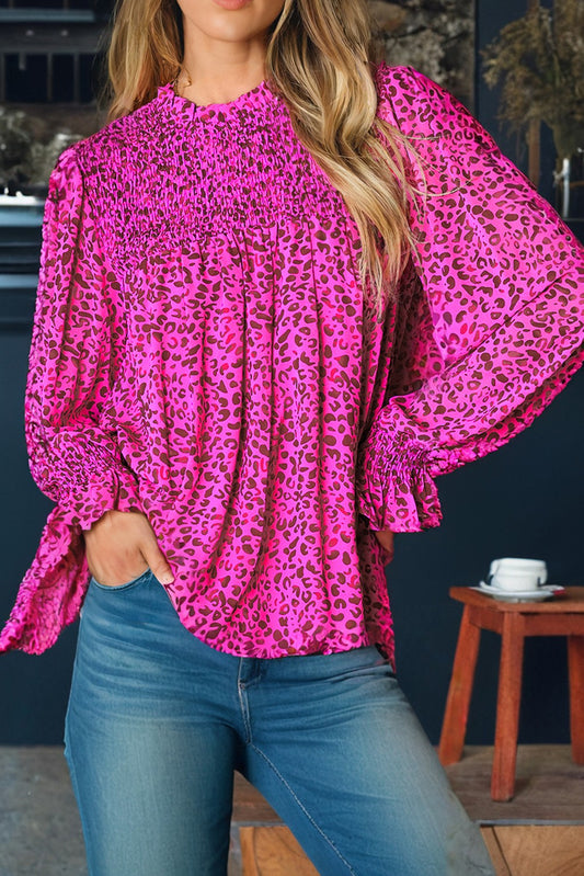 Leopard Shirred Puff Sleeve Flowy Blouse