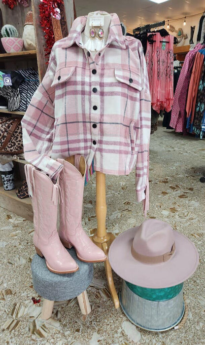 PINK FRINGED BACK PLAID SHACKET