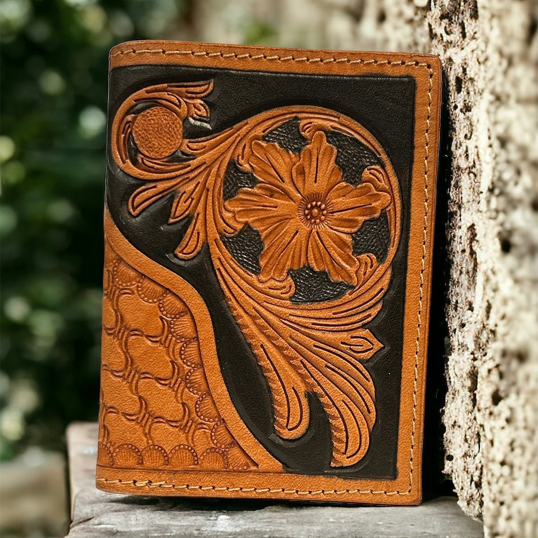 FLOWER HAND TOOLED TRIFOLD WALLET