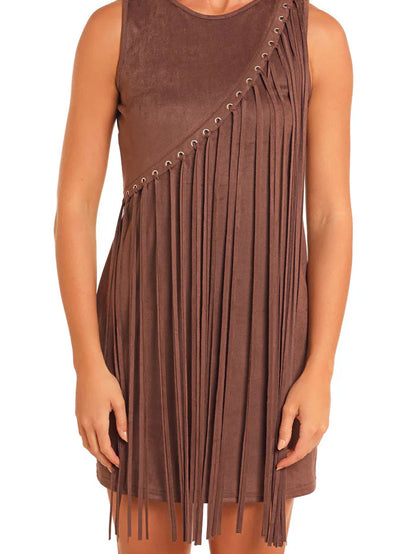 ROCK & ROLL BROWN ASYMMETRICAL FRINGE DRESS