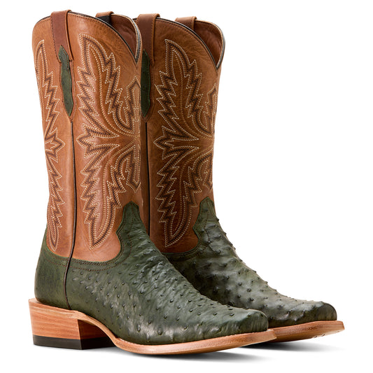 ARIAT OLIVE FULL QUILL OSTRICH FURTURITY RELENTLESS BUCKLES COWBOY BOOT