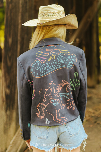 Grey Suede Button Down Printed Yeehaw Western Jacket