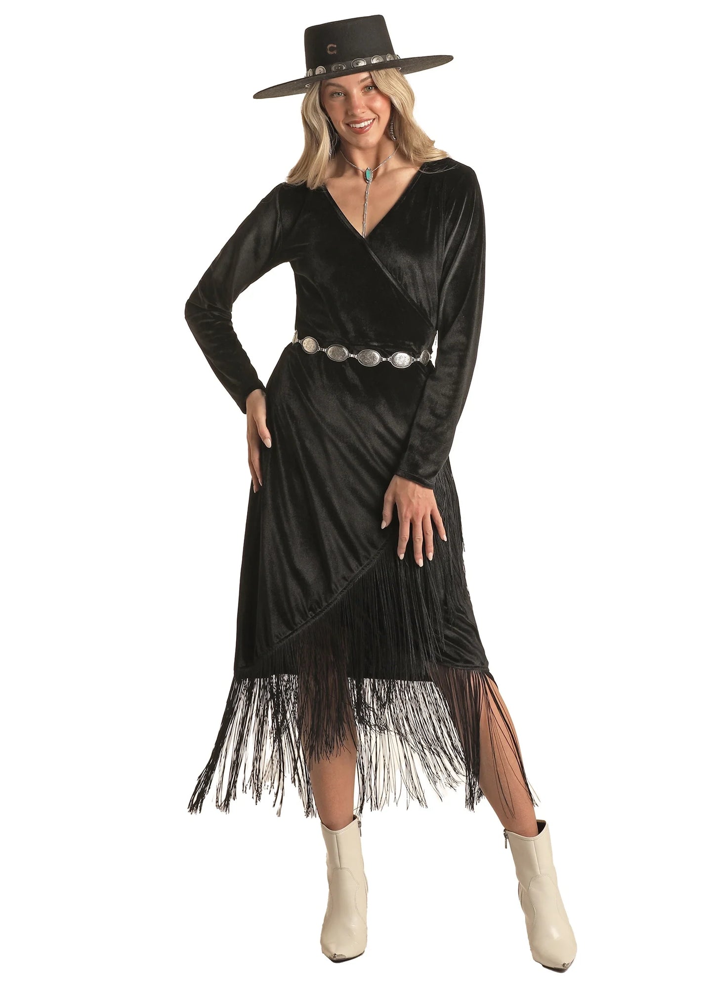 ROCK & ROLL BLACK VELVET FRINGE WRAP DRESS