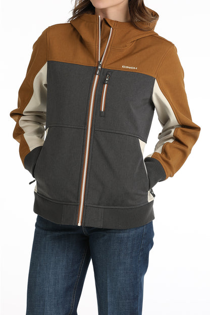 CINCH LADIES BROWN/GREY/CREAM COLOR BLOCK BONDED HOODED JACKET