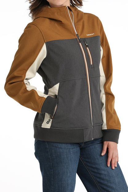 CINCH LADIES BROWN/GREY/CREAM COLOR BLOCK BONDED HOODED JACKET