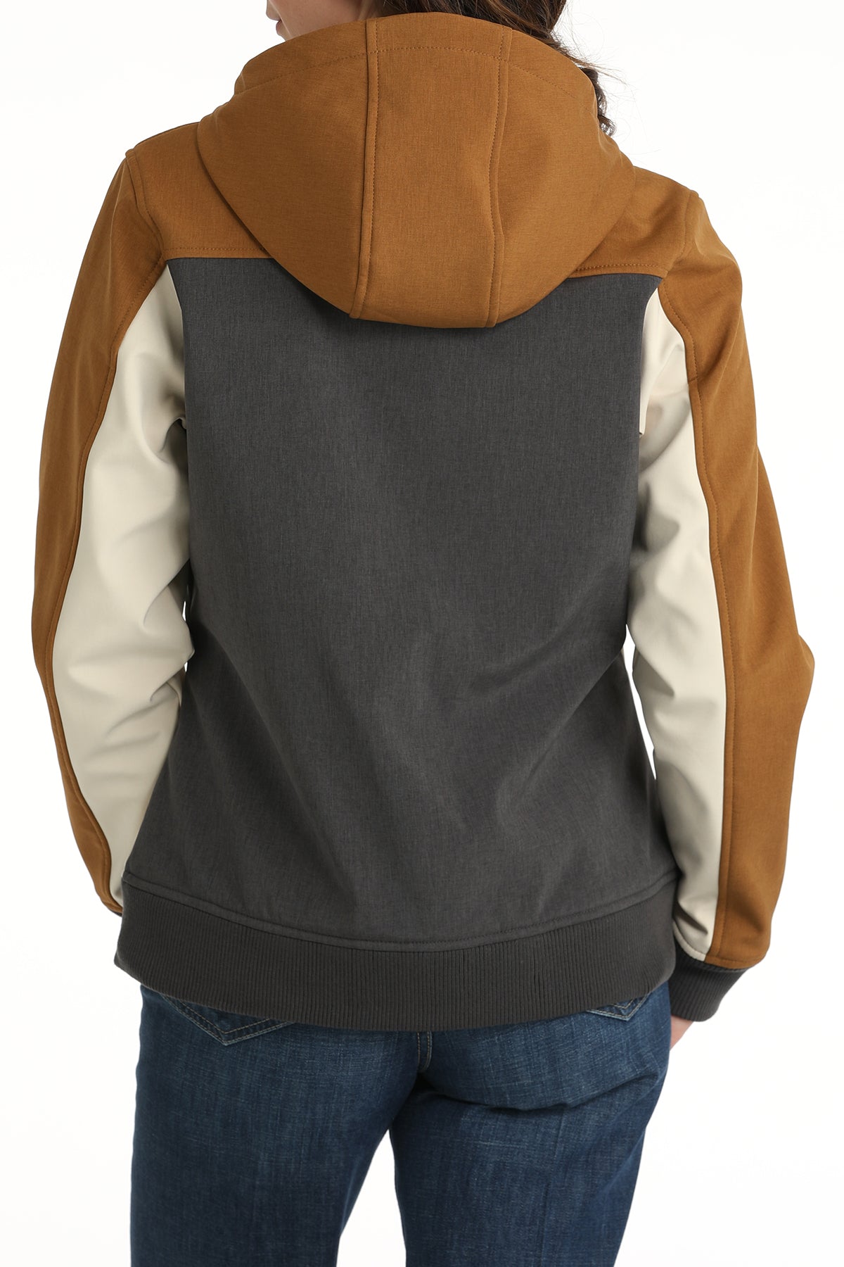 CINCH LADIES BROWN/GREY/CREAM COLOR BLOCK BONDED HOODED JACKET