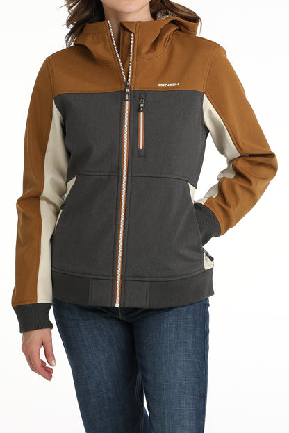 CINCH LADIES BROWN/GREY/CREAM COLOR BLOCK BONDED HOODED JACKET