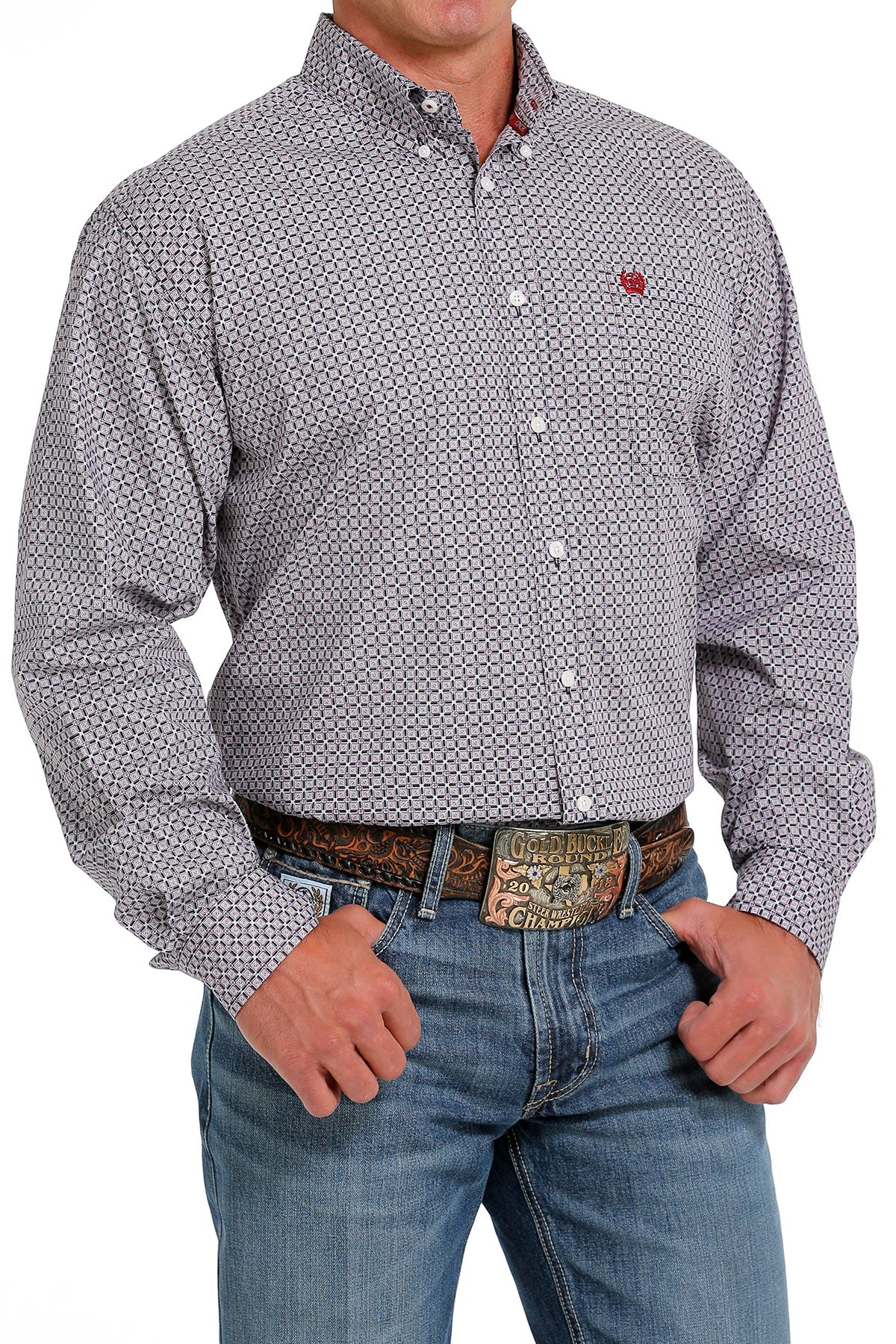 CINCH RED SQUARE GEO PRINT LONG SLEEVE SHIRT