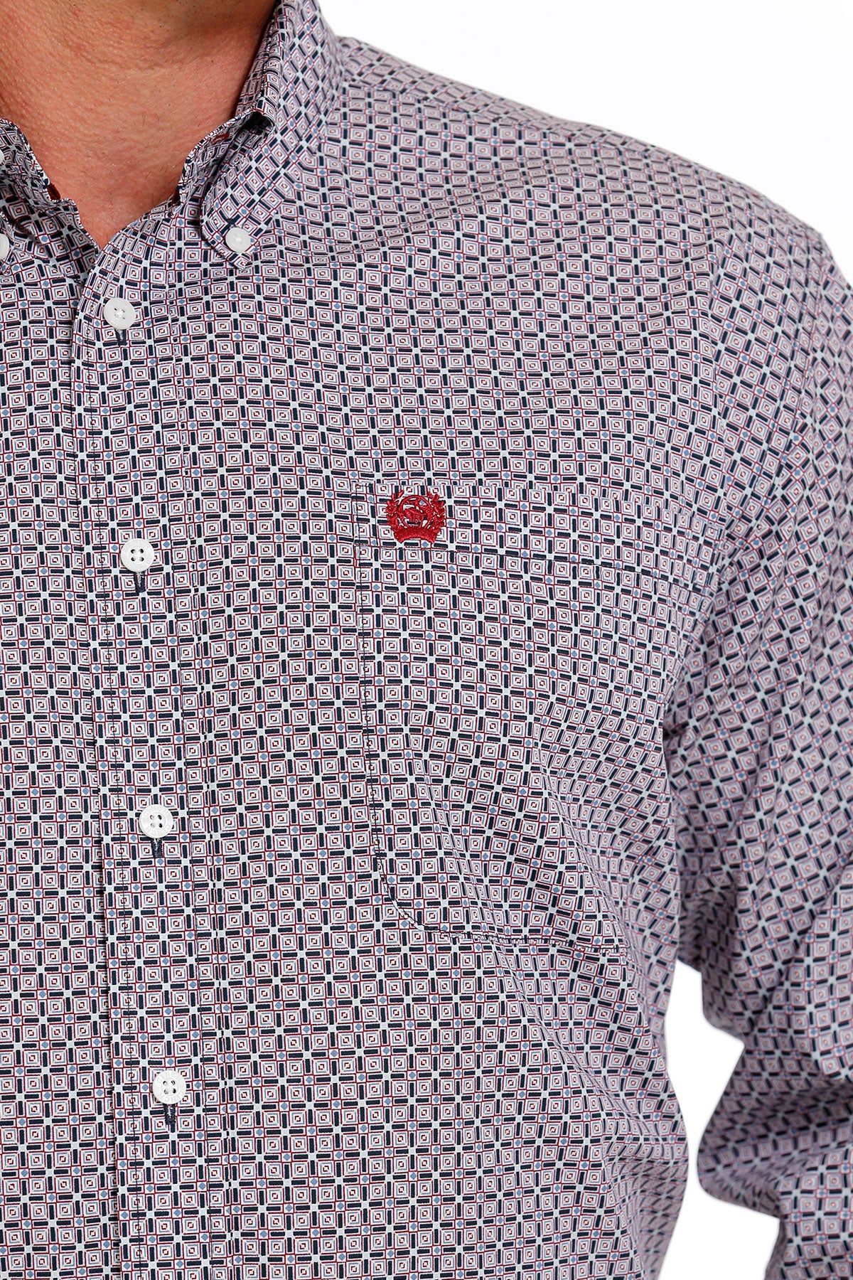 CINCH RED SQUARE GEO PRINT LONG SLEEVE SHIRT