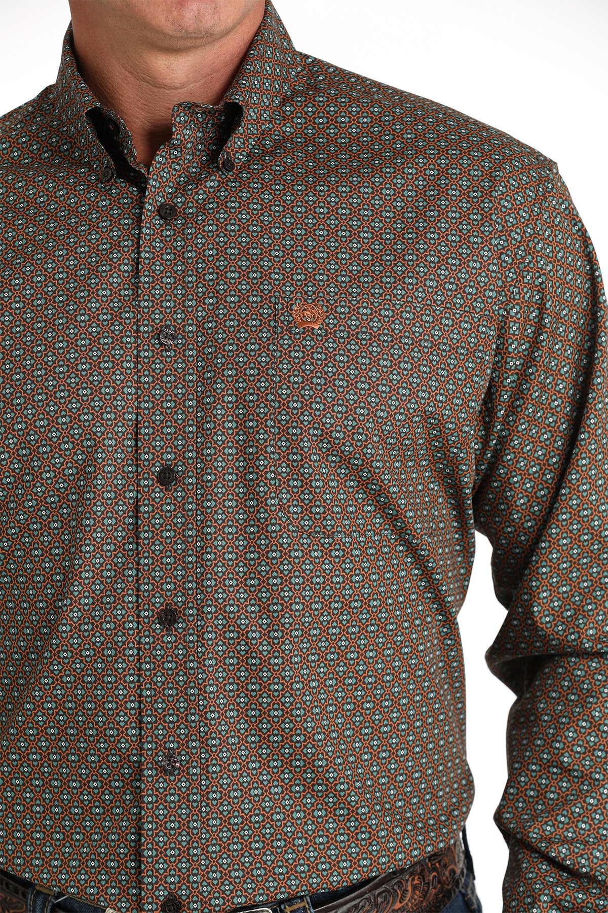 CINCH RUST & TURQUOISE GEO PRINT LONG SLEEVE SHIRT