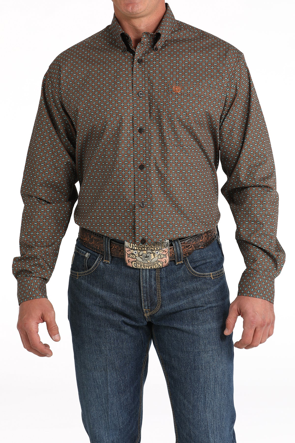 CINCH RUST & TURQUOISE GEO PRINT LONG SLEEVE SHIRT