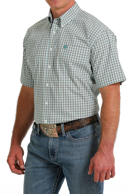 CINCH MENS WHITE & GREEN PLAID SHORT SLEEVE SHIRT