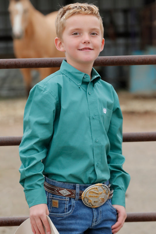 CINCH BOY'S GREEN SOLID LONG SLEEVE SHIRT