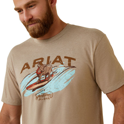 ARIAT MENS SURF & TURF WESTERN ALOHA OATMEAL HEATHER SHORT SLEEVE SHIRT