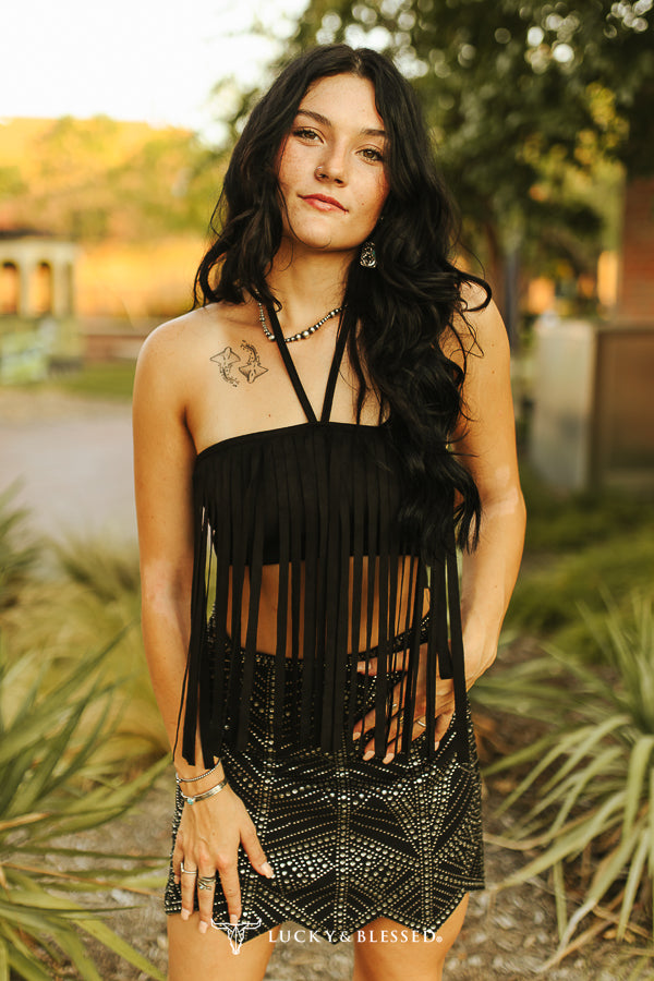 Black Halter Tied Fringe Crop Top